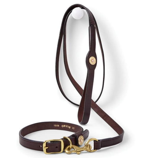 Genuine Leather Dog Collar & Leash Set | Brass Shotgun Shell Detail