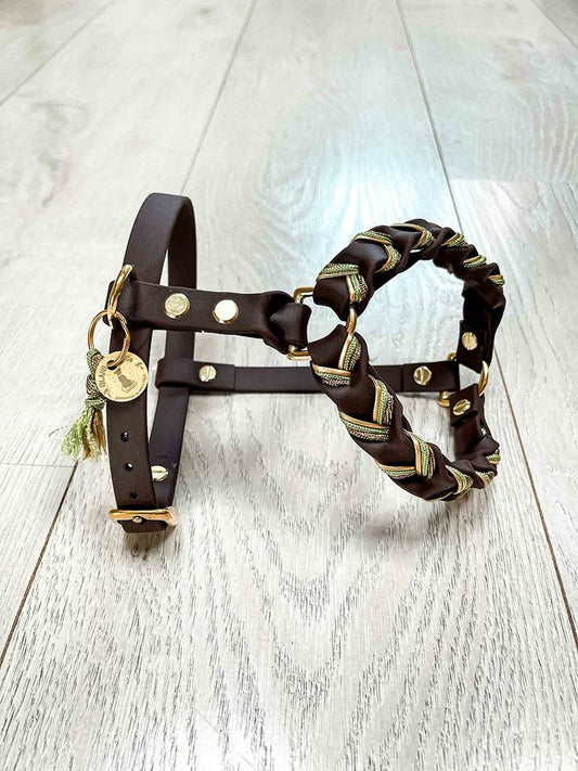 Boho Leather Dog Harness with Braided Rope Leash | Handcrafted Bohemian Pet Set | Gold Hardware